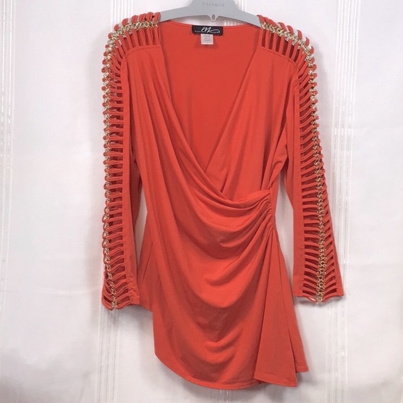 🪸MIDNIGHT VELVET Coral Gold Chain Long Sleeves Ruched Surplus Faux Wrap - Picture 1 of 7